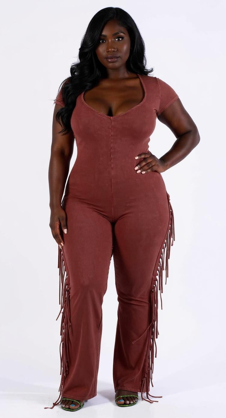 PLUS - MINERAL WASHED FRINGED JUMPSUIT BURGUNDY