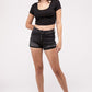 Washed Black Cuffed Raw Hem Denim Shorts