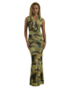 Olive Abstract Mesh Cowl Neck Maxi Dress