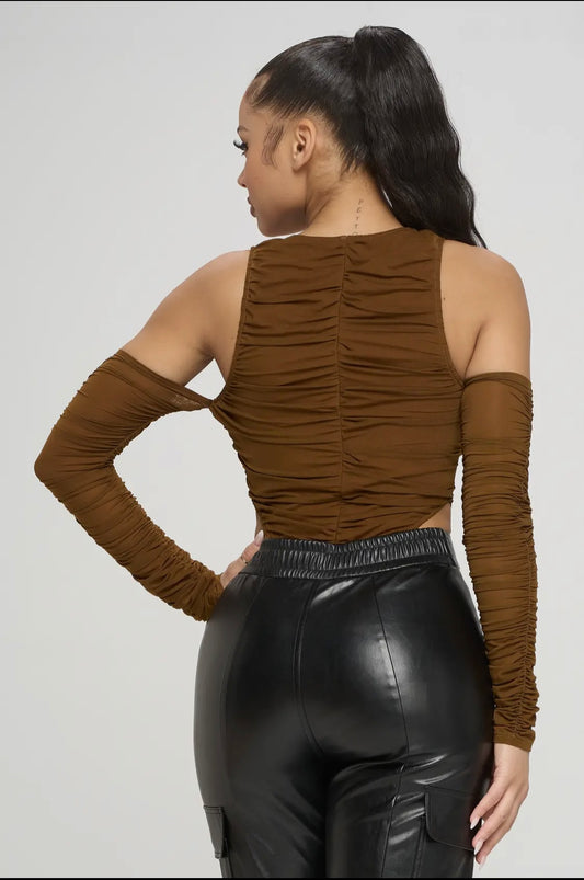 High Leg Cut Ruched Mesh Bodysuit.