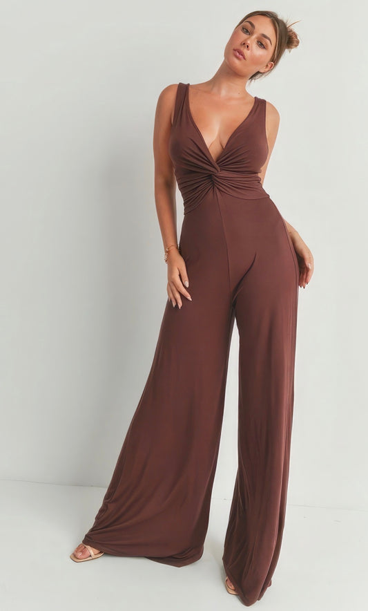 Ruched V-Neck Wide Leg Jumpsuit