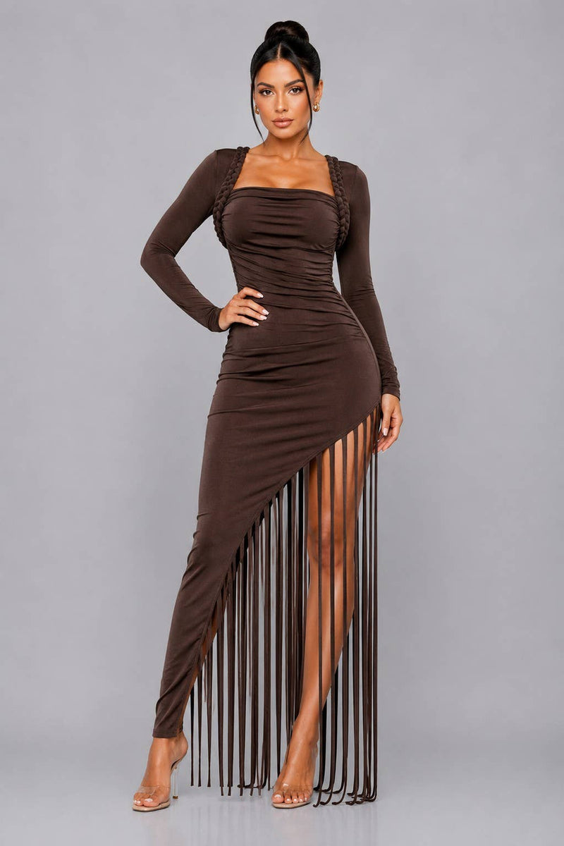 Asymmetrical Fringe Bodycon Maxi Dress