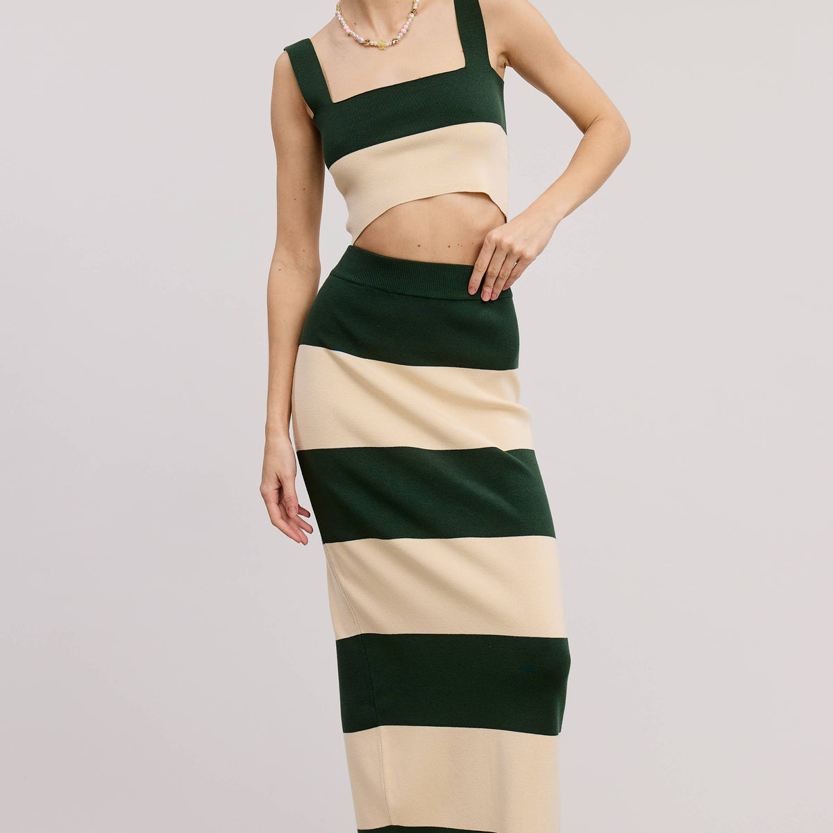 Stripe Color Knit Maxi Skirt Set