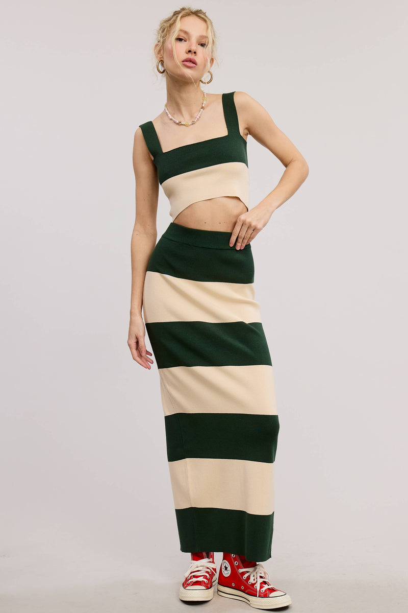 Stripe Color Knit Maxi Skirt Set