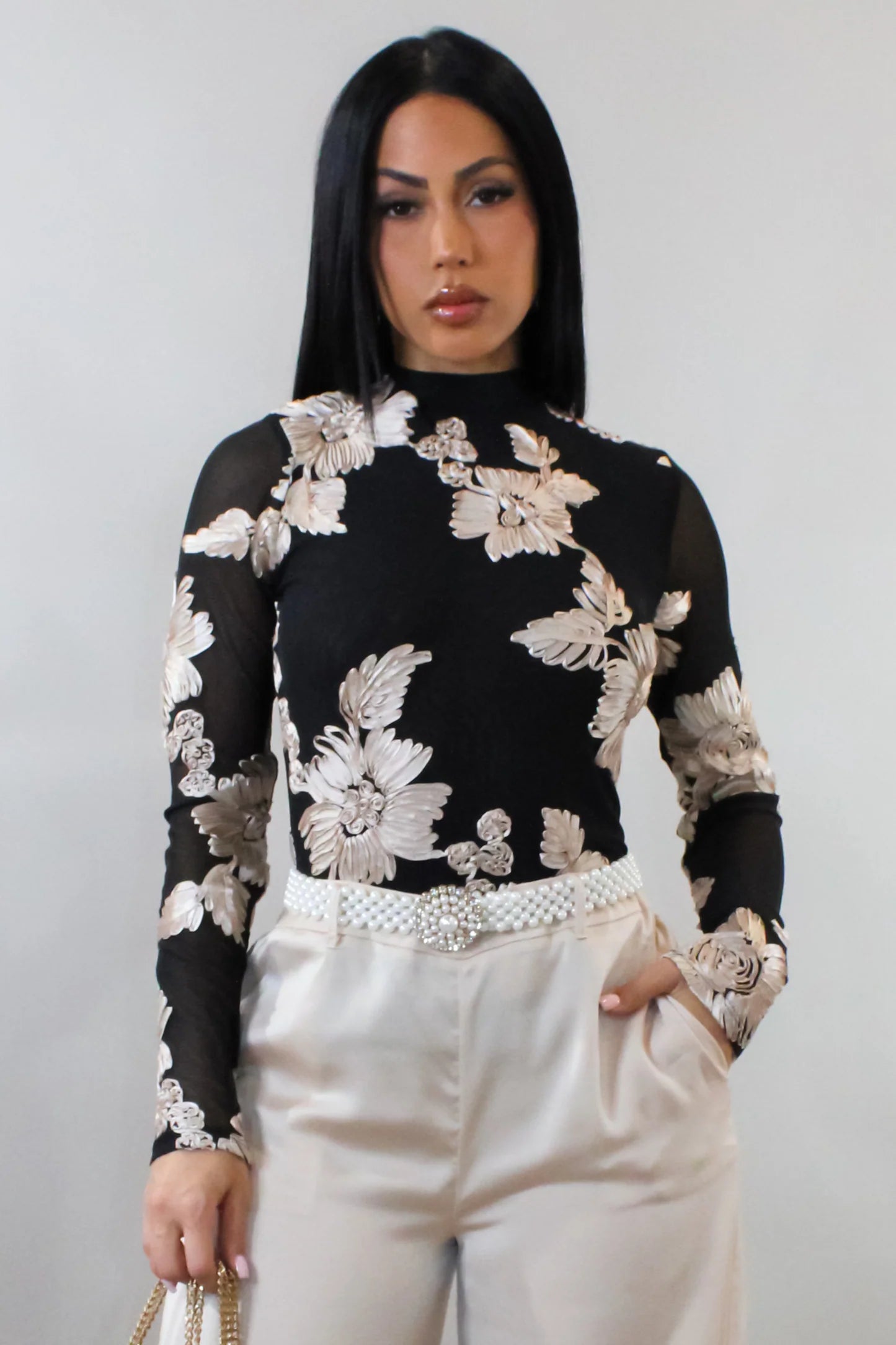 Sheer Black Mesh Top with Floral Details