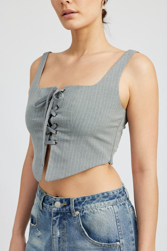 SQUARE NECK TOP WITH LACE UP FRONT