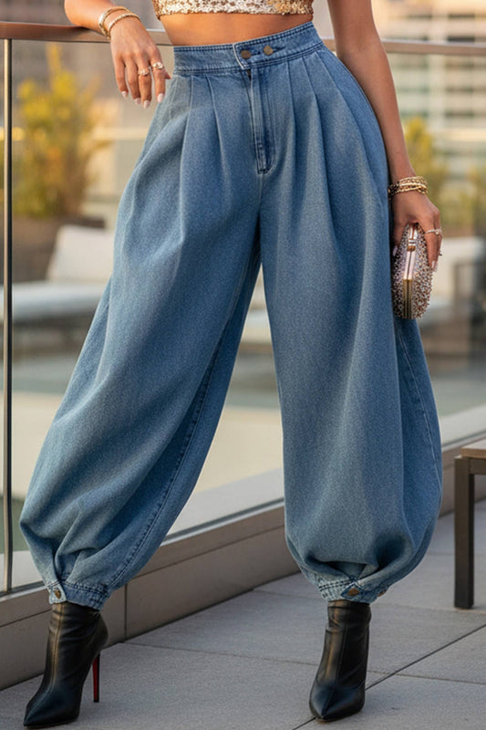 High Waist Balloon Jeans With Button Cuff