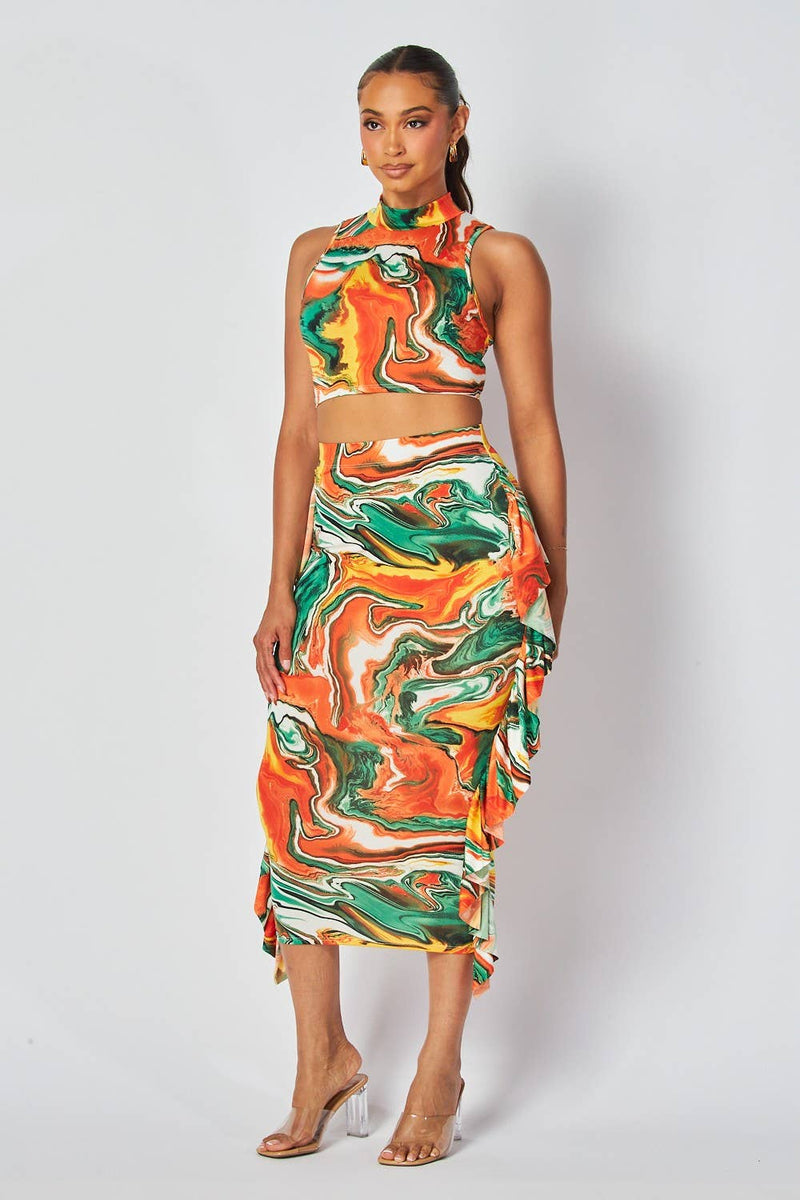 Marble Print Two-Piece Midi Skirt Set