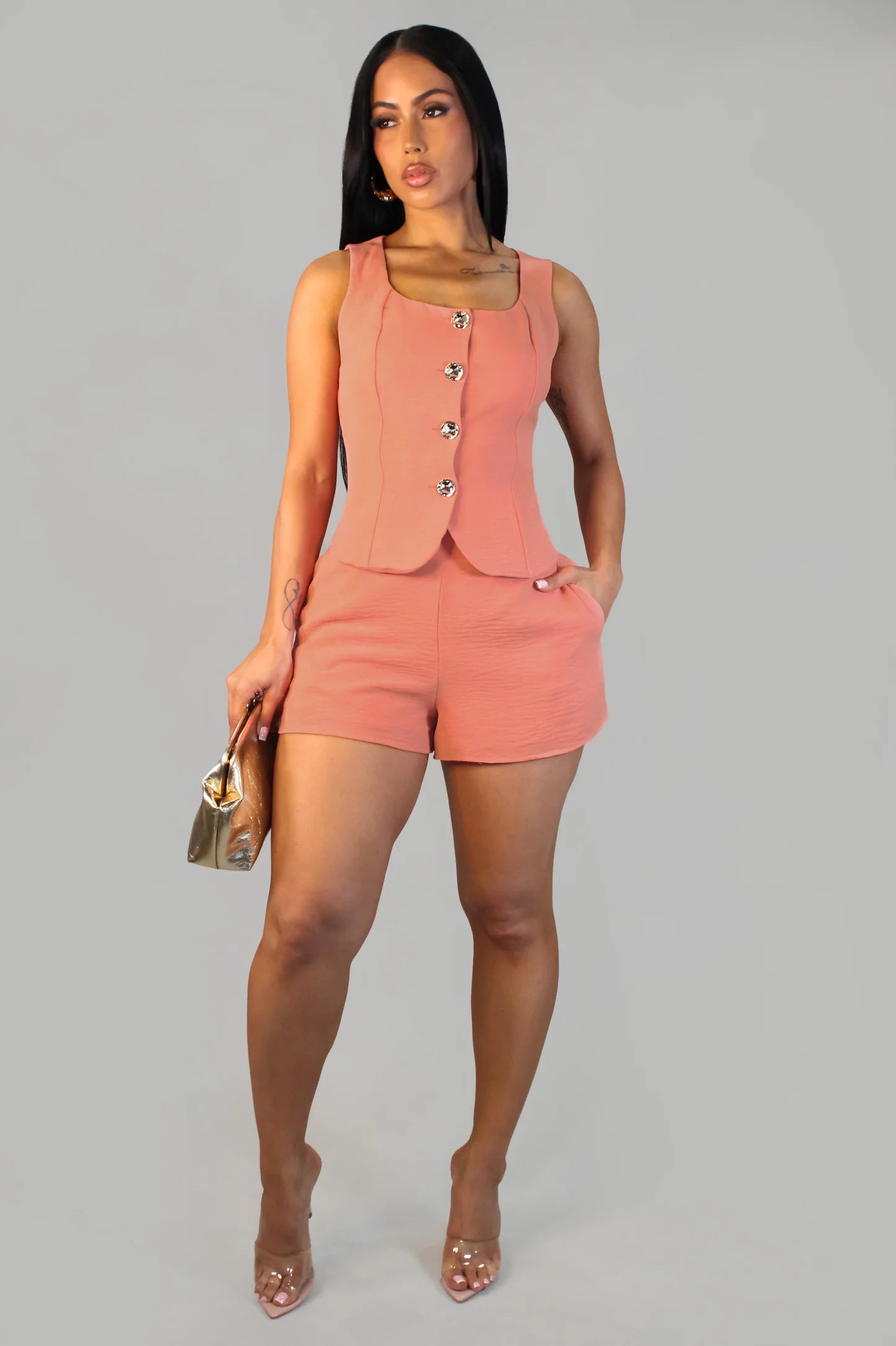 Coral Tailored Vest & Shorts Set