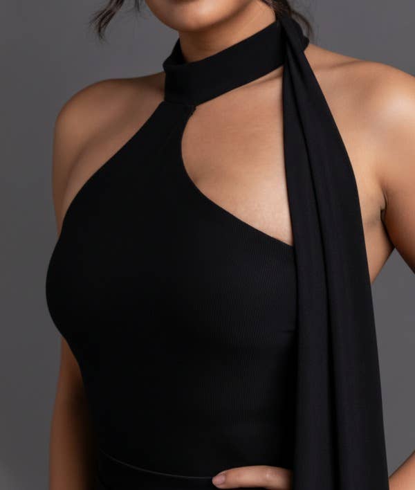 THICK STRETCH WOVEN & MESH JUMPSUIT