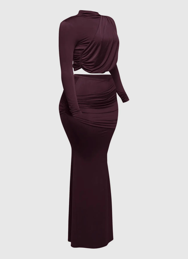 Shirring Detailed Long Sleeve Top and Maxi Skirt Set