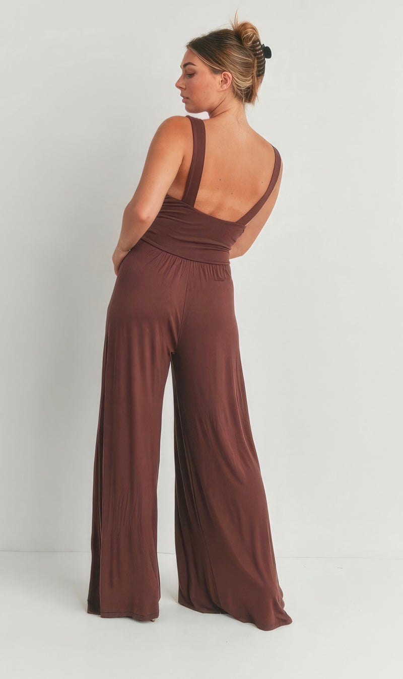 Ruched V-Neck Wide Leg Jumpsuit