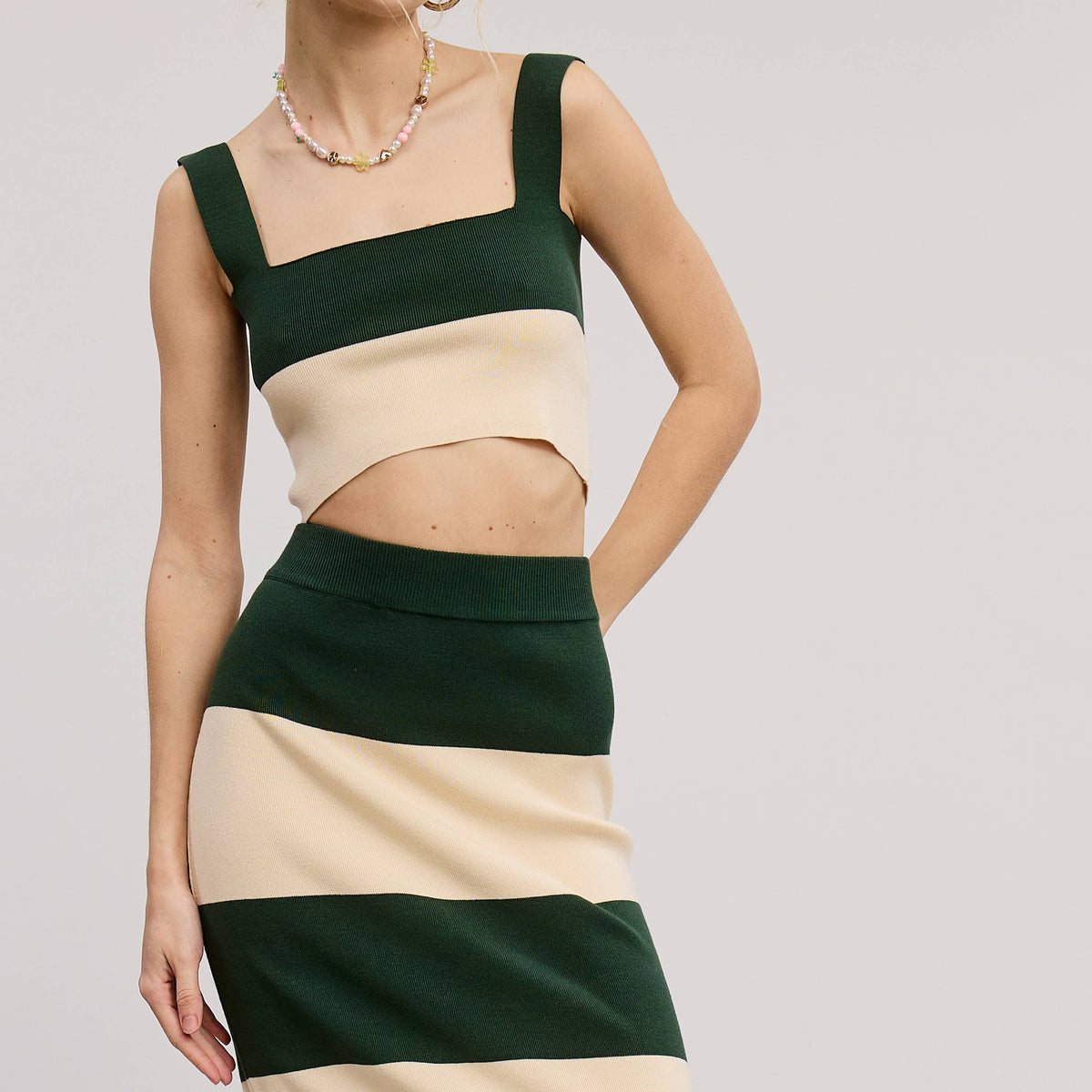 Stripe Color Knit Maxi Skirt Set