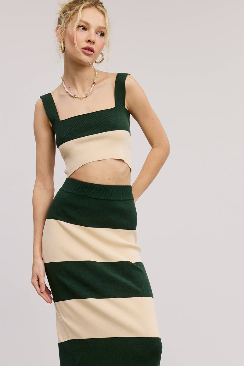 Stripe Color Knit Maxi Skirt Set