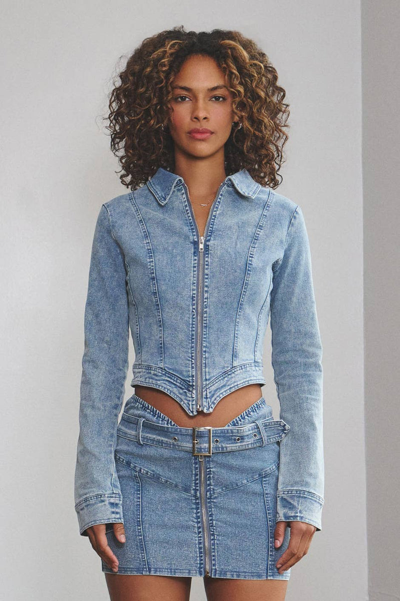 Washed Effect Denim Zip-Up Top