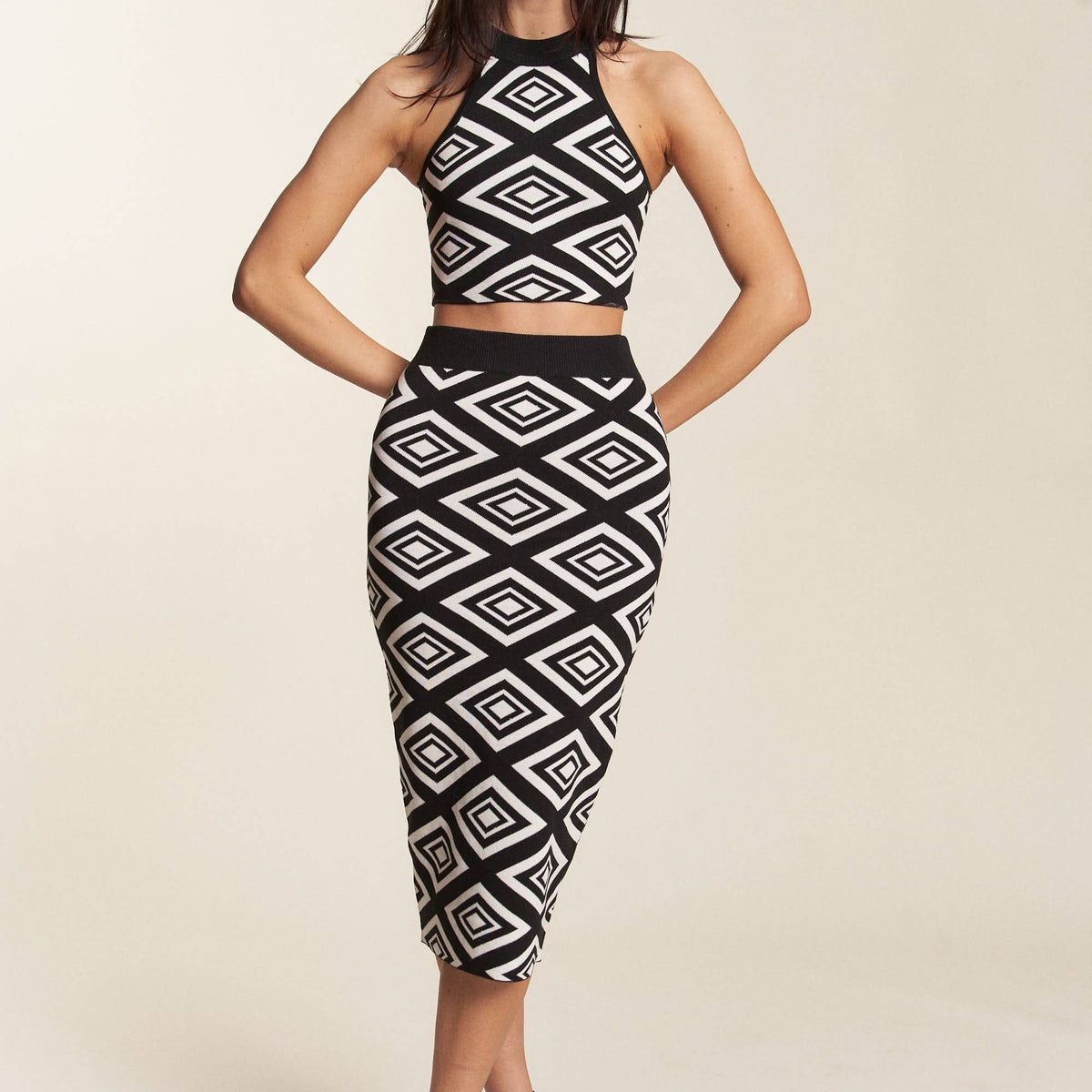 Patterned Knit Crop Tank Skirt Set