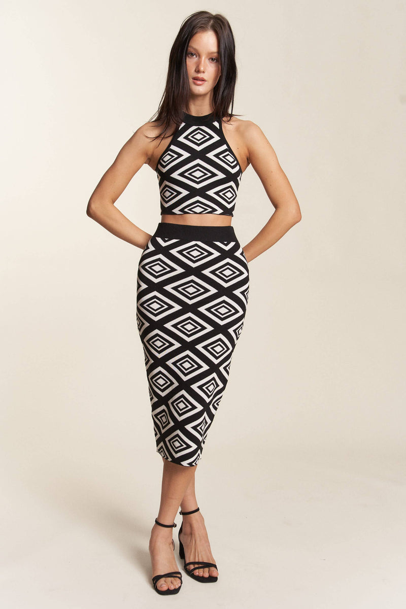 Patterned Knit Crop Tank Skirt Set