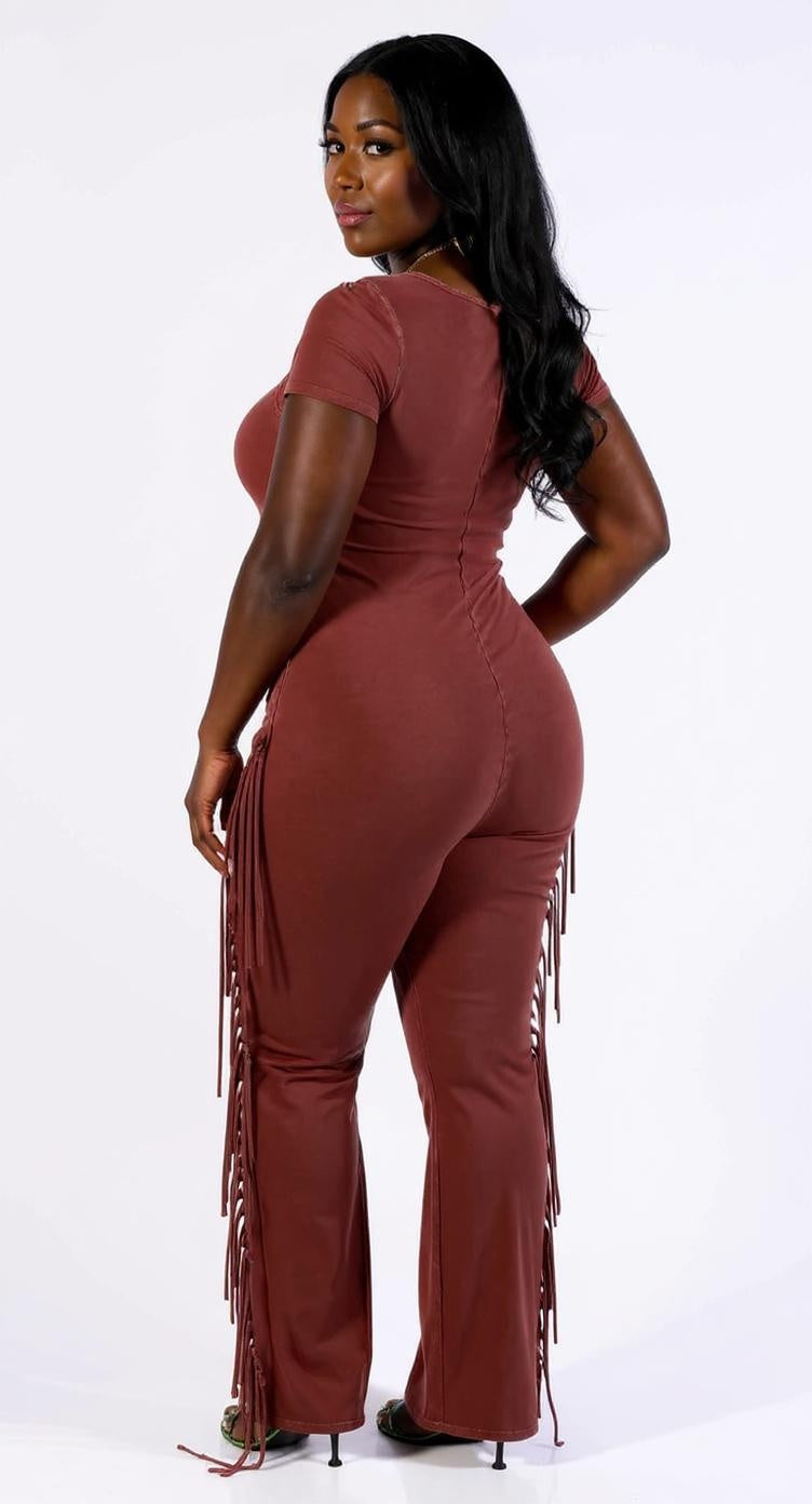 PLUS - MINERAL WASHED FRINGED JUMPSUIT BURGUNDY
