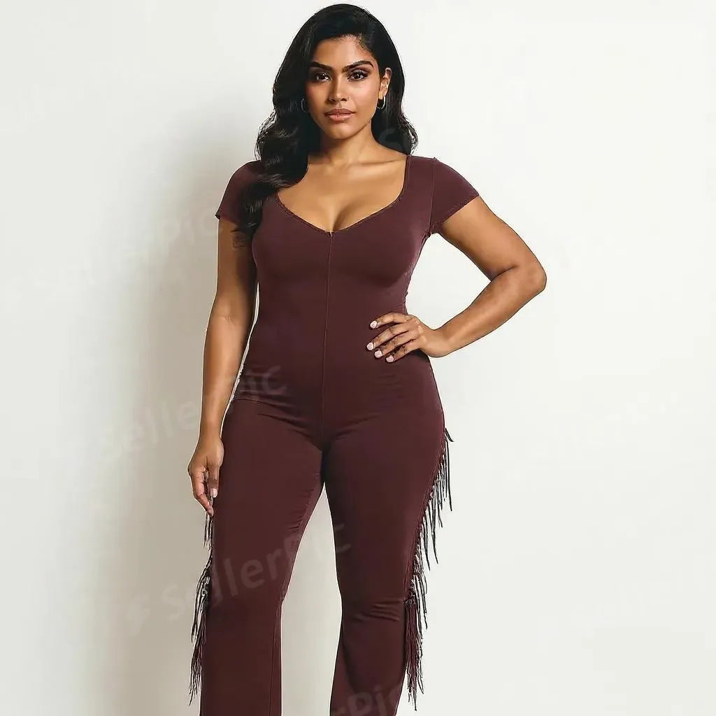 PLUS - MINERAL WASHED FRINGED JUMPSUIT BURGUNDY