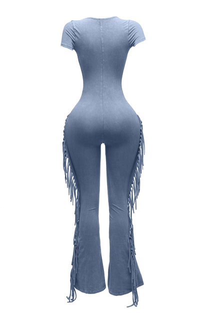 Mineral Washed Fringed Jumpsuit
