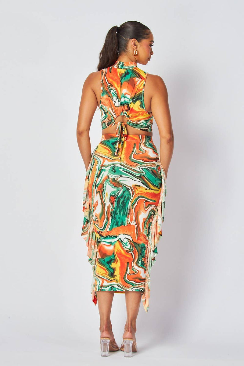 Marble Print Two-Piece Midi Skirt Set
