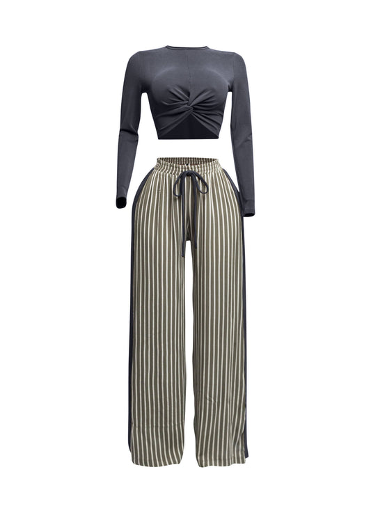 Ribbed Knotted Top And Wide Leg Pants