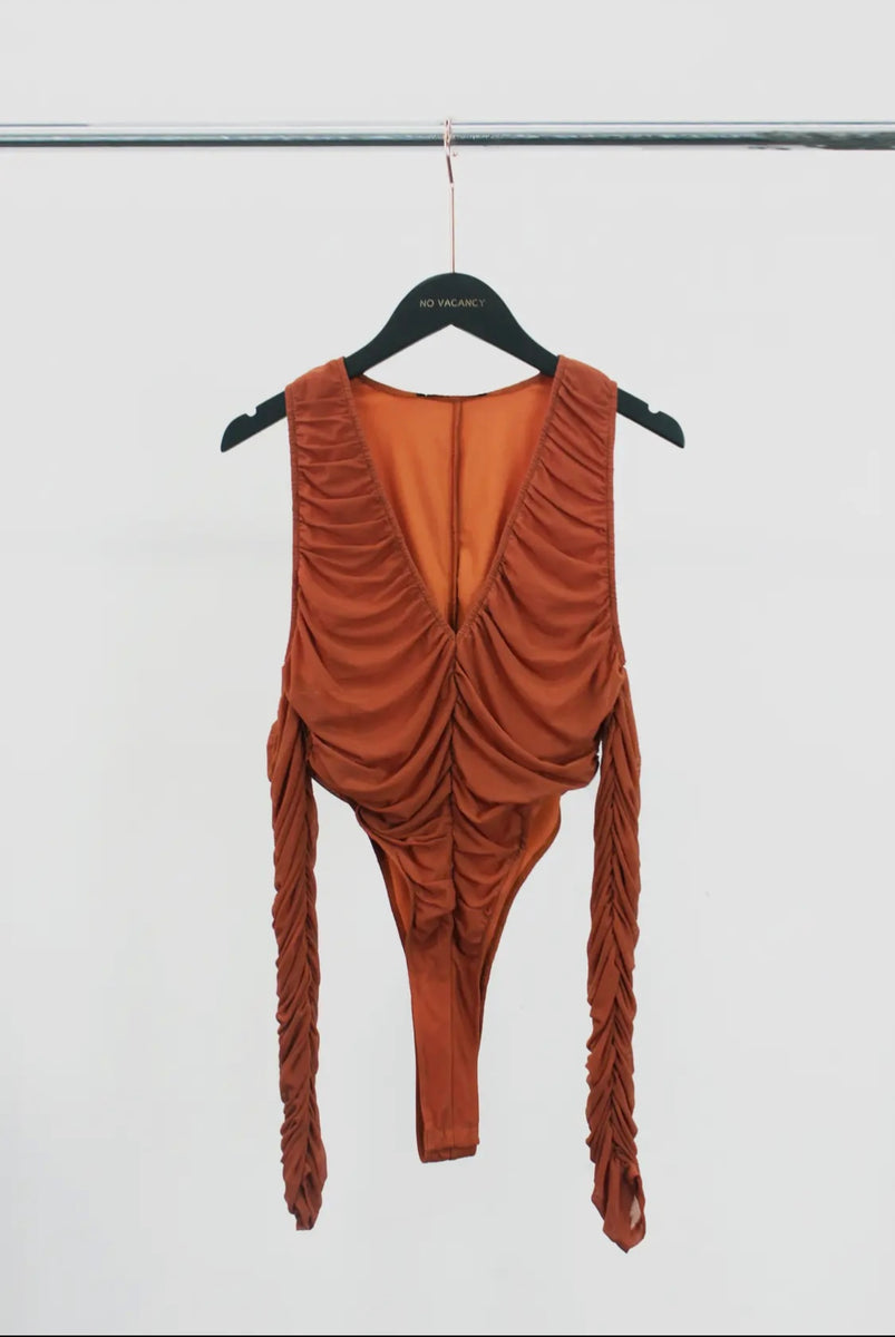 High Leg Cut Ruched Mesh Bodysuit.