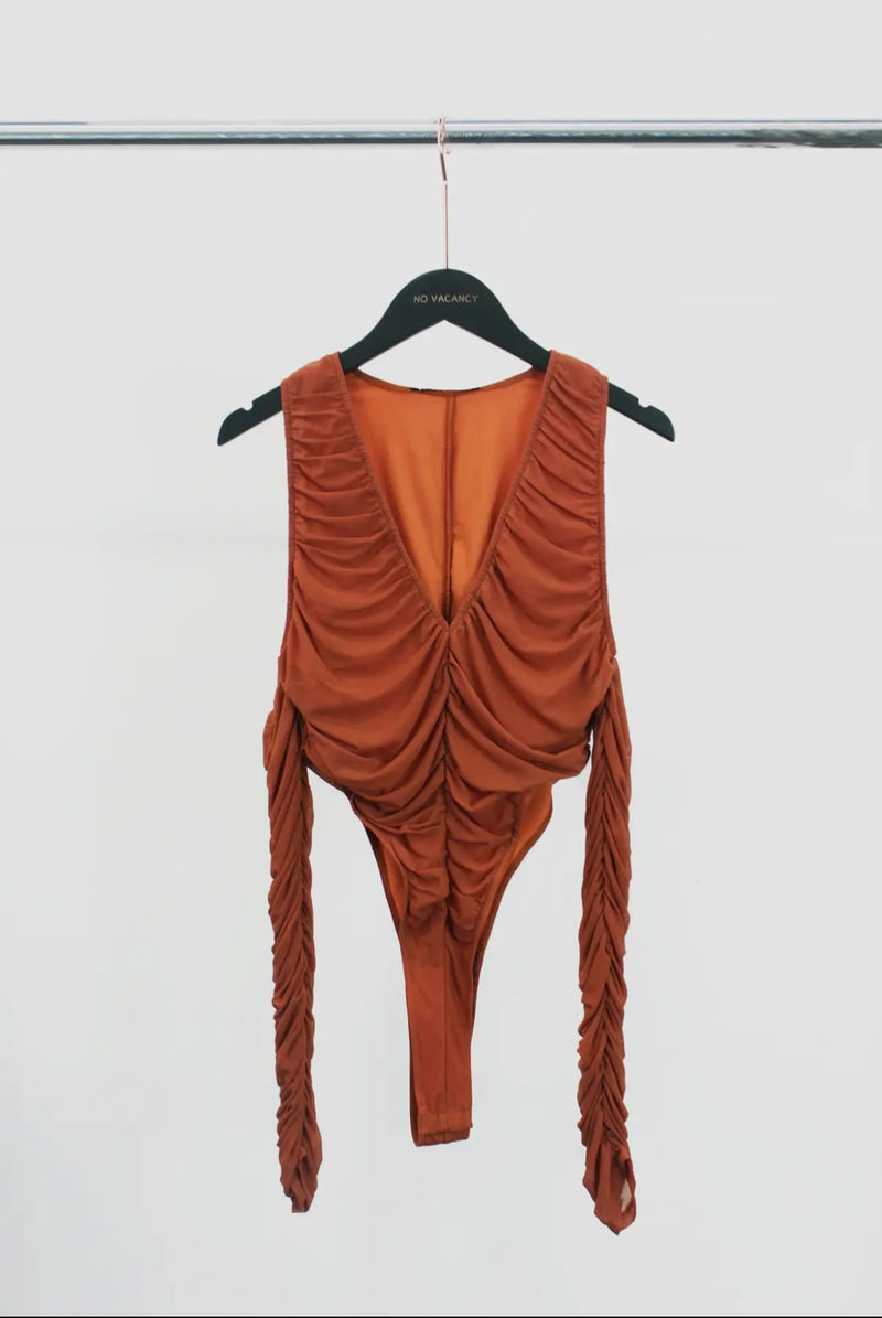 High Leg Cut Ruched Mesh Bodysuit.