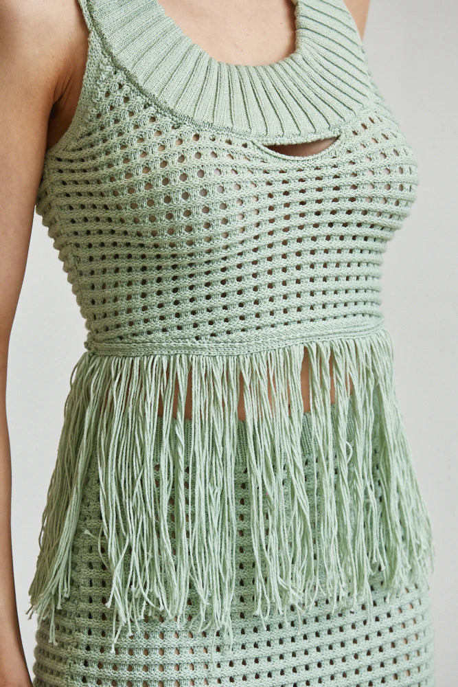 Sage Green Crochet Fringe Skirt Set