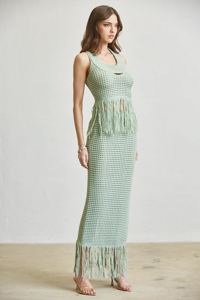 Sage Green Crochet Fringe Skirt Set