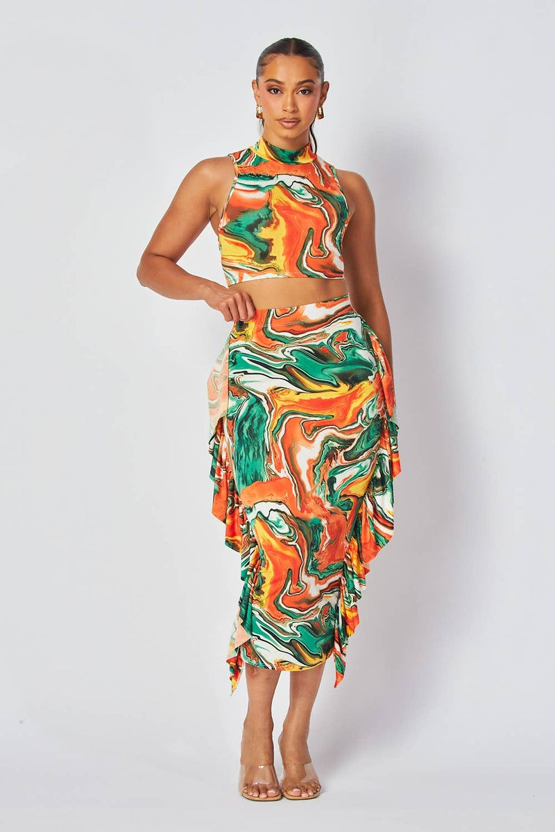 Marble Print Two-Piece Midi Skirt Set