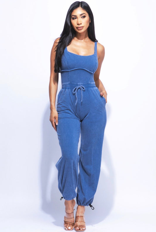 Washed Blue Stretch Jogger Jumpsuit