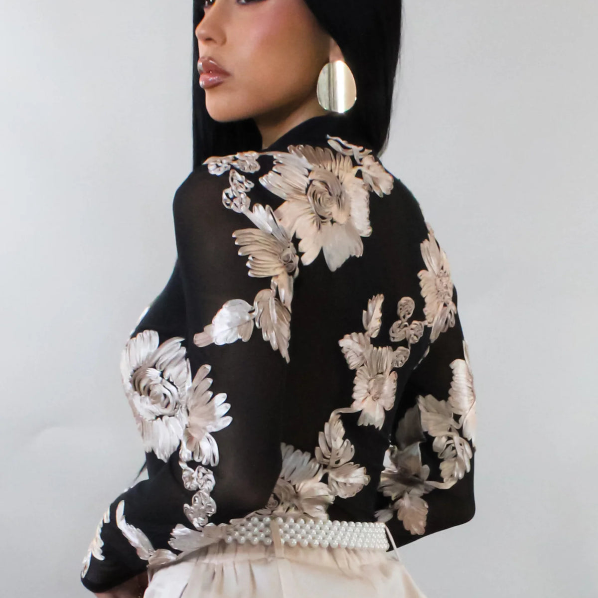 Sheer Black Mesh Top with Floral Details