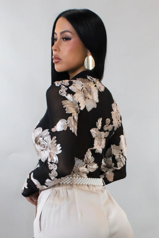 Sheer Black Mesh Top with Floral Details