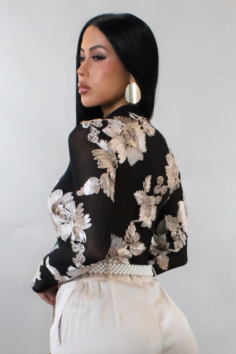 Sheer Black Mesh Top with Floral Details