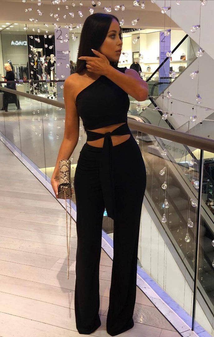 Black Tie Front Slinky One Shoulder Wide Leg Jumpsuit