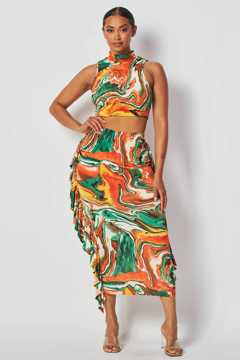Marble Print Two-Piece Midi Skirt Set