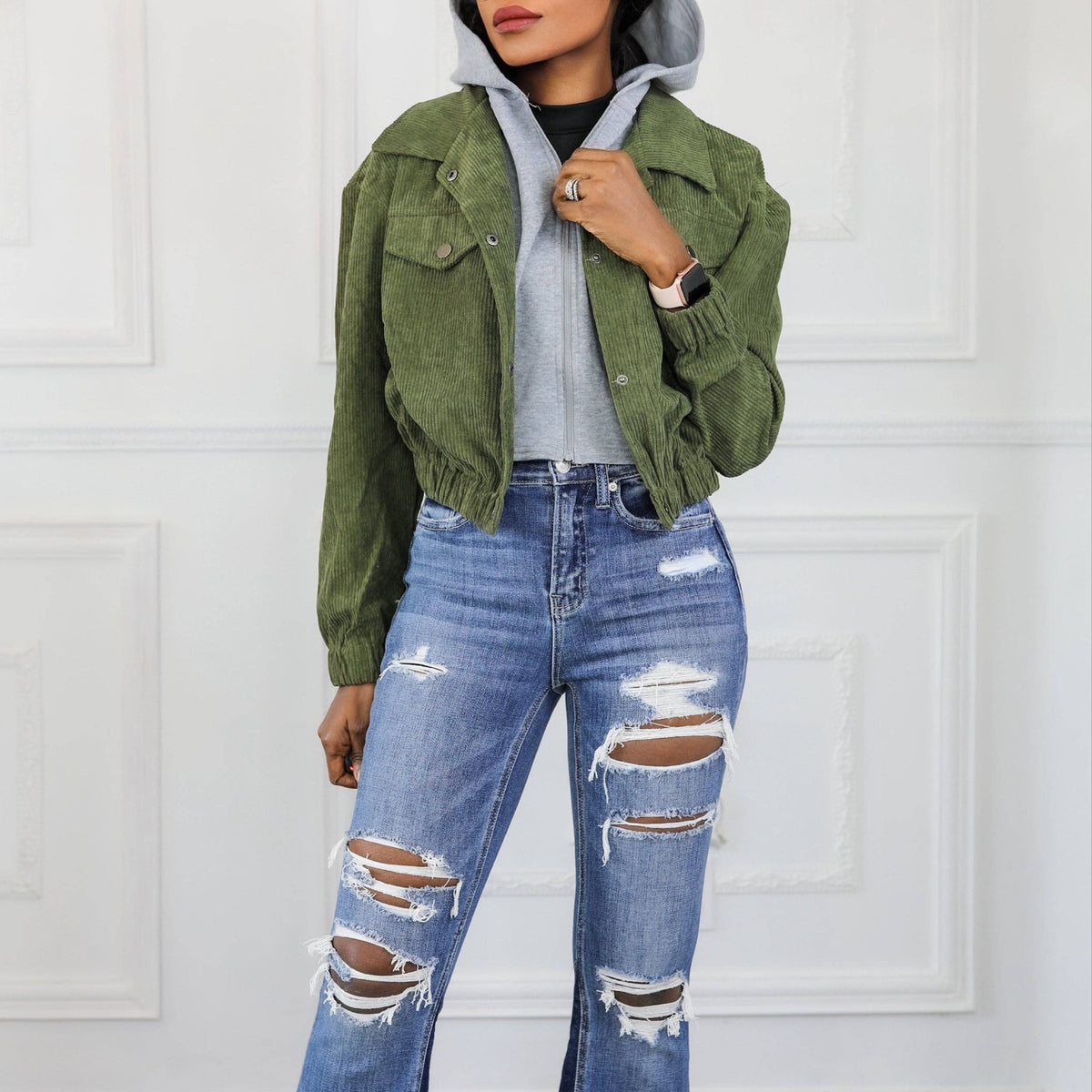 Daily Warmth Long Sleeve Inside Hoodie Corduroy Jacket