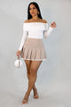 Beige High-Waisted Pleated Mini Skirt with Contrast Hem