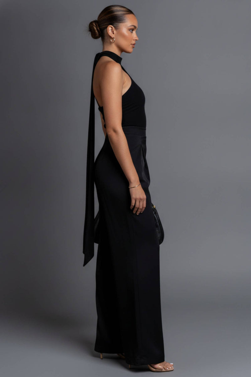 THICK STRETCH WOVEN & MESH JUMPSUIT