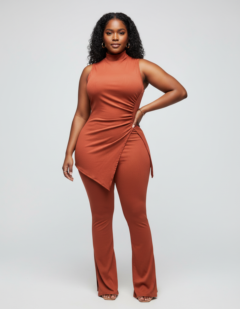 Mock Neck Slit Top Pants Set