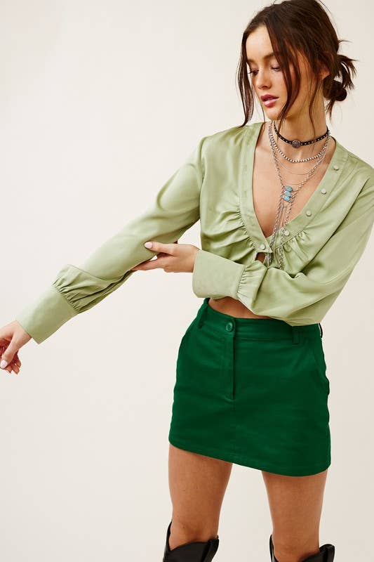 Satin Crop Blouse with Button Accents
