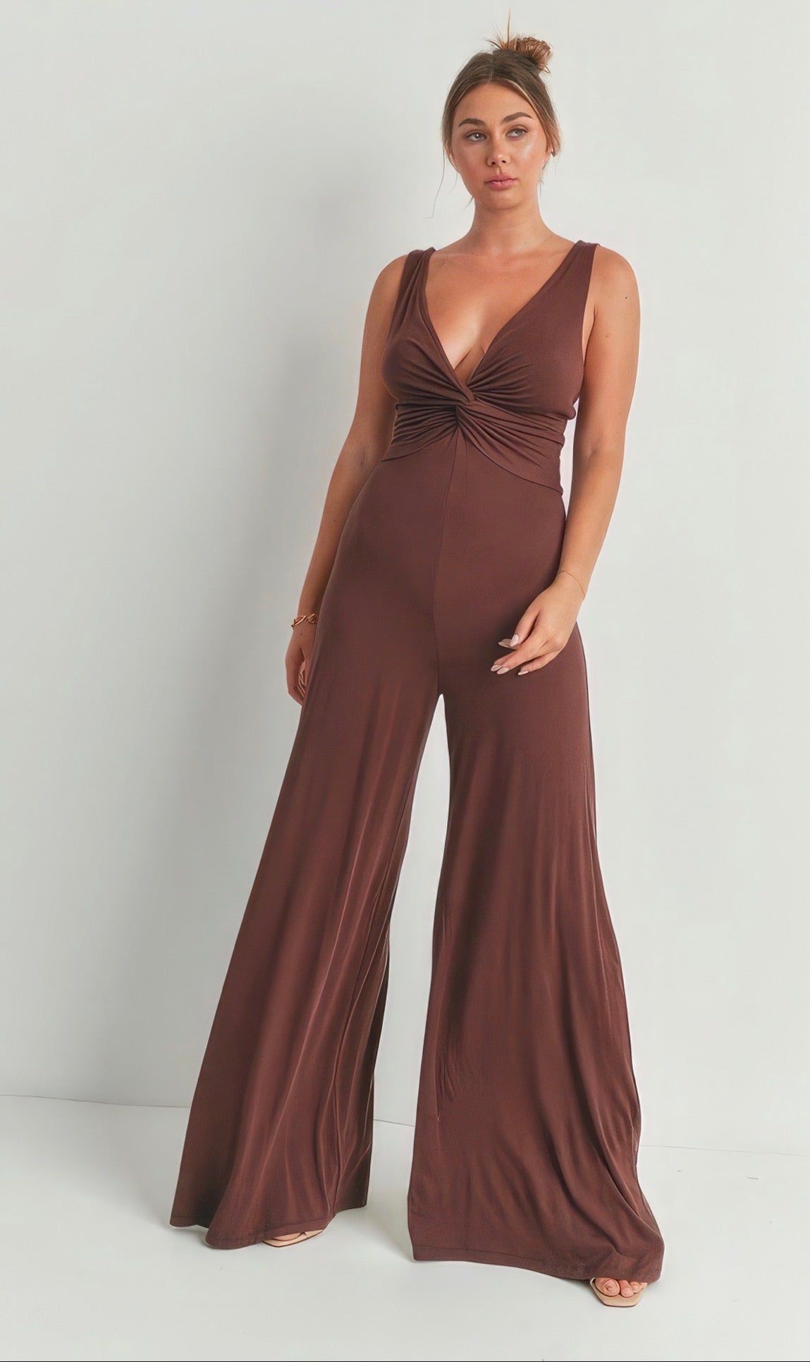 Ruched V-Neck Wide Leg Jumpsuit