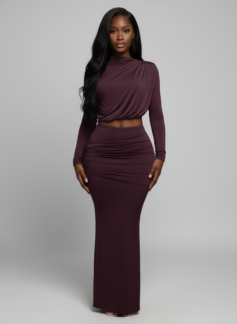 Shirring Detailed Long Sleeve Top and Maxi Skirt Set