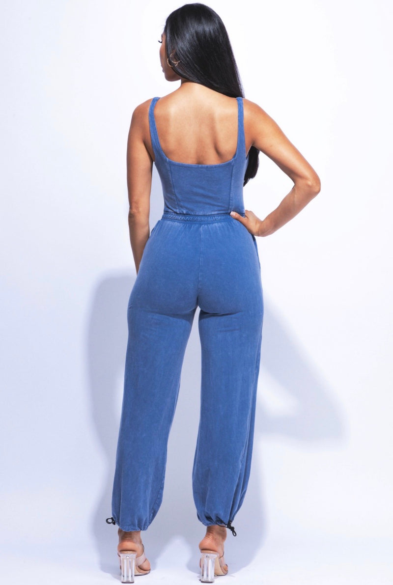 Washed Blue Stretch Jogger Jumpsuit