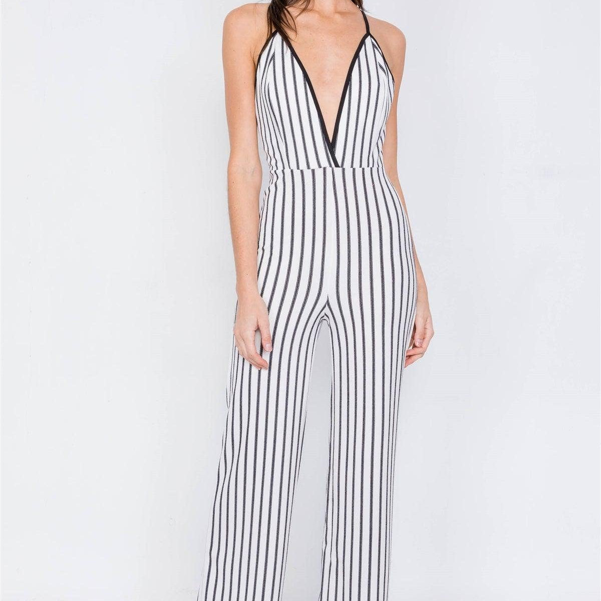 White & Black Trim Stripe V-Neck Criss-Cross Strap Back Jumpsuit