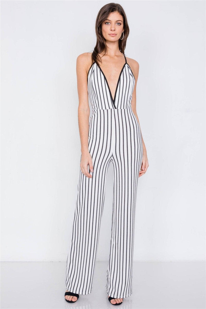 White & Black Trim Stripe V-Neck Criss-Cross Strap Back Jumpsuit