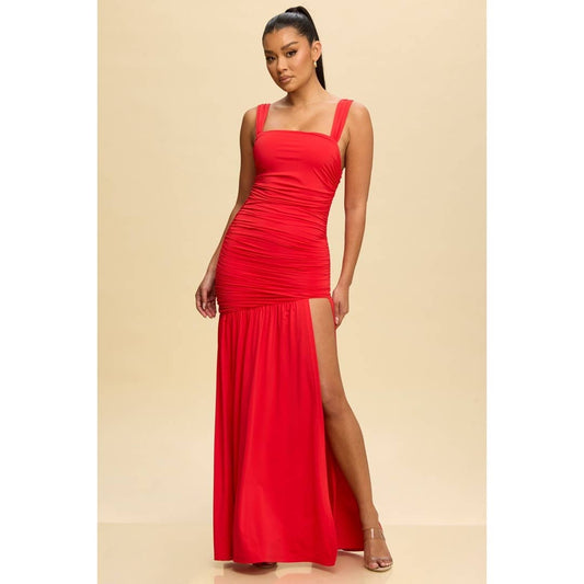 Ruched Maxi Dress with Thigh-High Slit