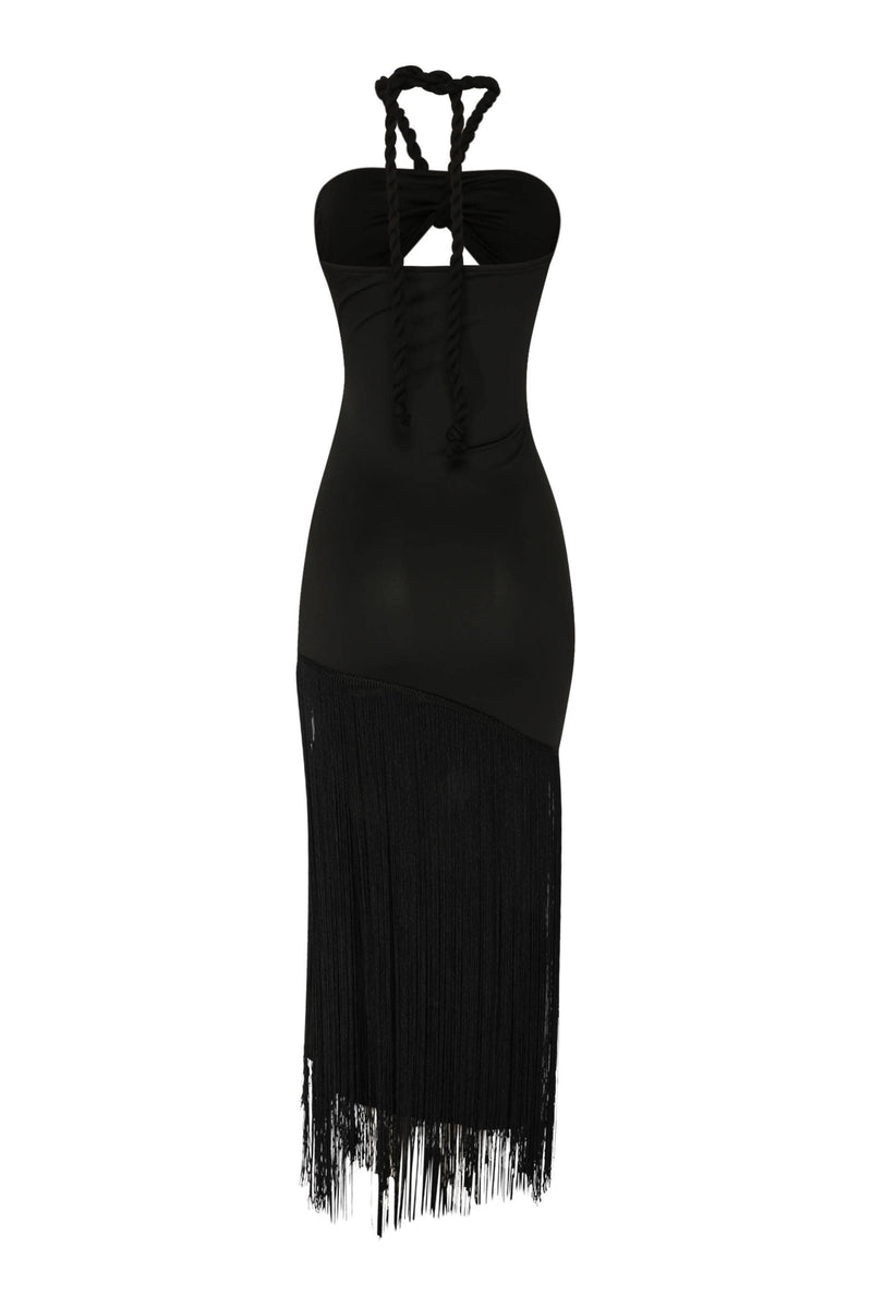 Fringe Trim Halter Neck Maxi Dress