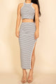 Striped High Neck Crop Top & Side Slit Midi Skirt Set